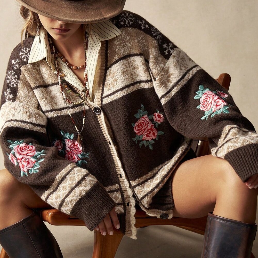 Mocha Brown Boho Women's Floral Embroidered Knit Jacquard Sweater Cardigan - Picture 6 of 8